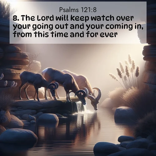 BasicEnglish Psalms  ; image nature: image with the bible verse :The Lord will keep watch over your going out and your coming in, from this time and for ever. ; Download stunning Bible verse images paired with nature scenes like rolling clouds, sparkling waters, and vibrant flower fields. These free images are perfect for spiritual reflection or wallpaper use. Share KJV Psalms 121:8. Current verse is overlayed with the thematic nature scene : Desert bighorns drink from hidden springs. Time flows like water through stone. ; 121:8