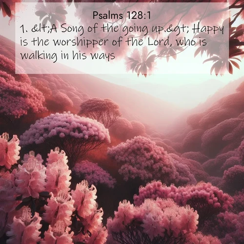 BasicEnglish Psalms  ; image nature: image with the bible verse :&amp;lt;A Song of the going up.&amp;gt; Happy is the worshipper of the Lord, who is walking in his ways. ; Explore our vast collection of images featuring beautifully illustrated Bible verses accompanied by nature photos. Discover inspiring and motivating verses paired with soothing landscapes, like shimmering lakes, majestic mountains, and lush forests. Our images highlight the peaceful beauty of God&#039;s creation with vibrant colors and varied fonts. Download and share verse images like KJV Psalms 128:1. Current verse is overlayed with the thematic nature scene : Mountain laurel blooms paint hillsides pink. Spring breezes carry their honey scent. ; 128:1