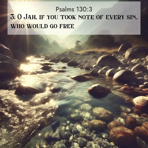 BasicEnglish Psalms  ; image nature: image with the bible verse :O Jah, if you took note of every sin, who would go free? ; Admire Bible images representing autumn, with swirling leaves, misty skies, and vibrant trees. These images inspire profound spiritual reflection. Download and share verses like KJV Psalms 130:3. Current verse is overlayed with the thematic nature scene : Mountain streams sing ancient songs. Sunlight dances through clear pools. ; 130:3