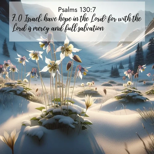 BasicEnglish Psalms  ; image nature: image with the bible verse :O Israel, have hope in the Lord; for with the Lord is mercy and full salvation. ; Discover breathtaking Bible verse images combined with vibrant landscapes like rolling hills, blooming gardens, and starry nights. Use them as wallpapers or to inspire others. Download verses like KJV Psalms 130:7. Current verse is overlayed with the thematic nature scene : Wild columbines nod in alpine breeze. Glacier lilies dot snowy meadows. ; 130:7