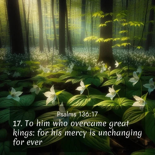 BBE Psalms 136:17 overlaying nature image scene: Wild trillium carpets the forest floor. Sunlight filters green through new spring leaves.;17. To him who overcame great kings: for his mercy is unchanging for ever: