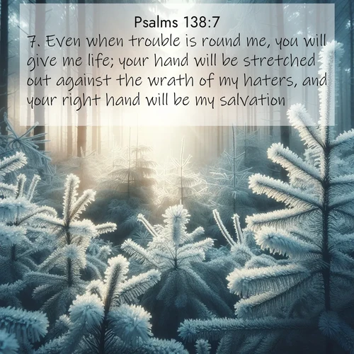 BasicEnglish Psalms  ; image nature: image with the bible verse :Even when trouble is round me, you will give me life; your hand will be stretched out against the wrath of my haters, and your right hand will be my salvation. ; Browse a gallery of Bible verses paired with summer scenes, such as golden wheat fields, bright skies, and sunny beaches. These images convey the joy and warmth of God&#039;s creation. Download and share verses like KJV Psalms 138:7. Current verse is overlayed with the thematic nature scene : Morning frost rimes every pine needle. Weak winter sun struggles to pierce the forest. ; 138:7