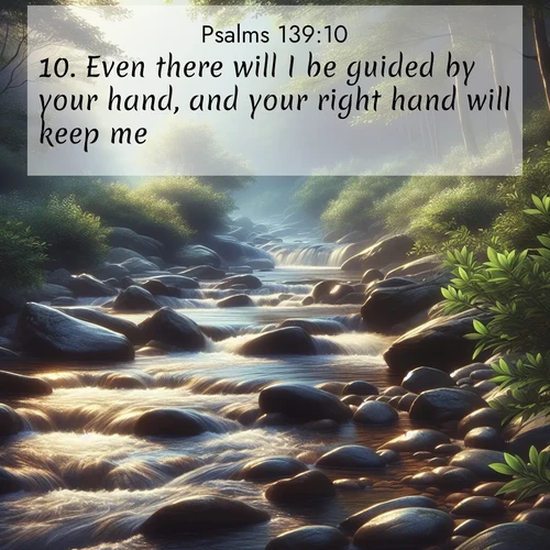 BasicEnglish Psalms  ; image nature: image with the bible verse :Even there will I be guided by your hand, and your right hand will keep me. ; Explore our vast collection of images featuring beautifully illustrated Bible verses accompanied by nature photos. Discover inspiring and motivating verses paired with soothing landscapes, like shimmering lakes, majestic mountains, and lush forests. Our images highlight the peaceful beauty of God&#039;s creation with vibrant colors and varied fonts. Download and share verse images like KJV Psalms 139:10. Current verse is overlayed with the thematic nature scene : A mountain stream tumbles over smooth rocks between banks of mountain laurel. ; 139:10