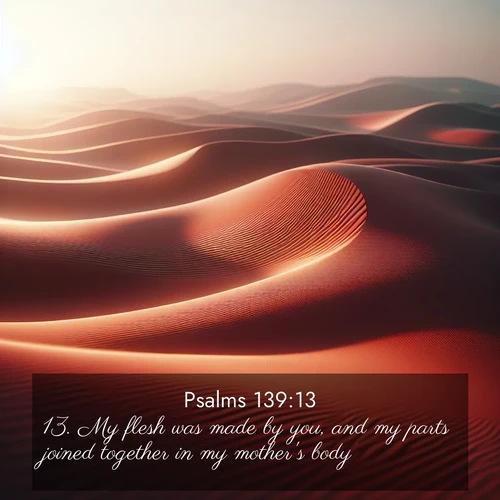BasicEnglish Psalms  ; image nature: image with the bible verse :My flesh was made by you, and my parts joined together in my mother&#039;s body. ; Explore a winter collection of Bible verse images adorned with photos of icy landscapes, frozen waterfalls, and snow-covered forests. These scenes capture divine tranquility and purity. Download inspiring verses like KJV Psalms 139:13. Current verse is overlayed with the thematic nature scene : Desert wind sculpts abstract patterns in red sand. ; 139:13