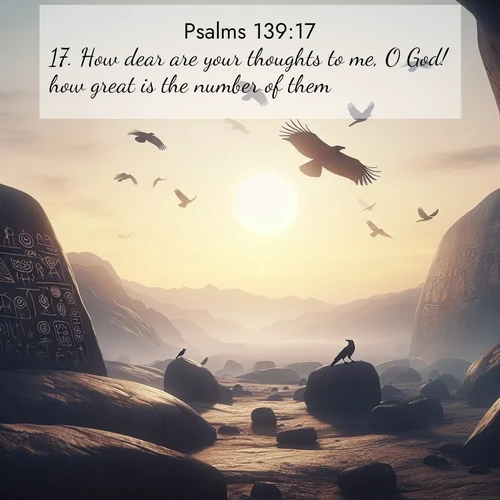 BasicEnglish Psalms  ; image nature: image with the bible verse :How dear are your thoughts to me, O God! how great is the number of them! ; Browse our collection of vibrant Bible verse images set against calming backdrops like tropical shores, quiet woods, and majestic mountains. Download free wallpapers featuring KJV Psalms 139:17. Current verse is overlayed with the thematic nature scene : Desert petroglyphs tell ancient stories. Ravens soar past wearing shadows for wings. ; 139:17