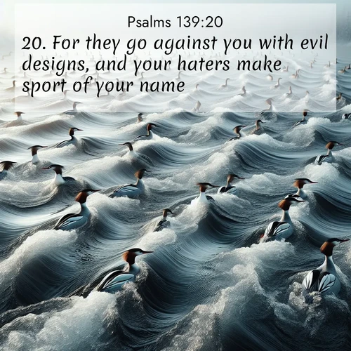 BasicEnglish Psalms  ; image nature: image with the bible verse :For they go against you with evil designs, and your haters make sport of your name. ; Admire Bible images representing autumn, with swirling leaves, misty skies, and vibrant trees. These images inspire profound spiritual reflection. Download and share verses like KJV Psalms 139:20. Current verse is overlayed with the thematic nature scene : Wild mergansers ride river rapids. Their wakes create endless patterns. ; 139:20