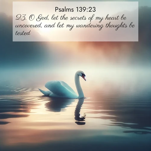 BasicEnglish Psalms  ; image nature: image with the bible verse :O God, let the secrets of my heart be uncovered, and let my wandering thoughts be tested: ; Access a vast collection of Bible verse images illustrated with natural landscapes like calm rivers, blooming fields, and bright horizons. These images emphasize the serenity and splendor of God&#039;s creation, accompanied by aesthetic fonts and joyful colors. Download verses like KJV Psalms 139:23 and share them. Current verse is overlayed with the thematic nature scene : A single swan glides across a misty lake. Dawn paints the water in pastels. ; 139:23