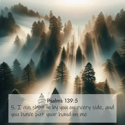 BasicEnglish Psalms  ; image nature: image with the bible verse :I am shut in by you on every side, and you have put your hand on me. ; Browse a vast collection of Bible verse images featuring awe-inspiring landscapes such as calm lakes, vibrant sunsets, and peaceful fields. Download them for free and enjoy verses like KJV Psalms 139:5. Current verse is overlayed with the thematic nature scene : Coastal redwoods disappear into fog. Filtered sunlight creates divine rays. ; 139:5