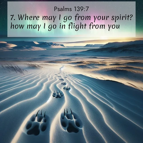 BasicEnglish Psalms  ; image nature: image with the bible verse :Where may I go from your spirit? how may I go in flight from you? ; Download inspiring Bible verse images featuring stunning natural vistas, from tropical islands to rolling hills. These free images make perfect wallpapers or gifts. Share verses like KJV Psalms 139:7. Current verse is overlayed with the thematic nature scene : Arctic fox tracks cross windswept tundra. Northern lights pulse overhead in cosmic rhythm. ; 139:7
