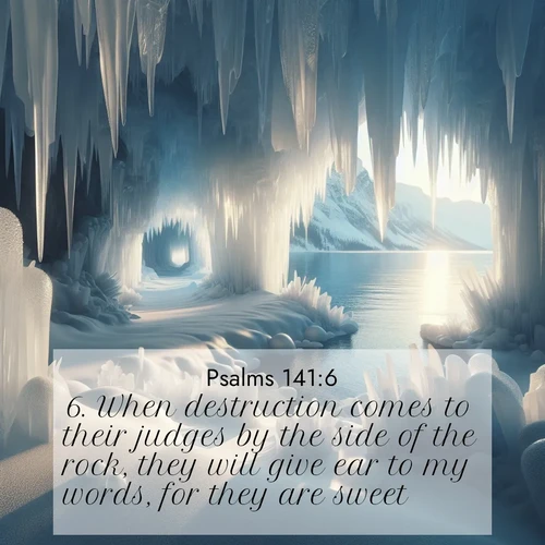 BasicEnglish Psalms  ; image nature: image with the bible verse :When destruction comes to their judges by the side of the rock, they will give ear to my words, for they are sweet. ; Discover beautiful Bible verse images that combine inspiring scripture with captivating nature photos. Download high-quality images featuring lush valleys, peaceful streams, and endless horizons like KJV Psalms 141:6. Current verse is overlayed with the thematic nature scene : Winter ice forms crystal caves along lake cliffs. ; 141:6