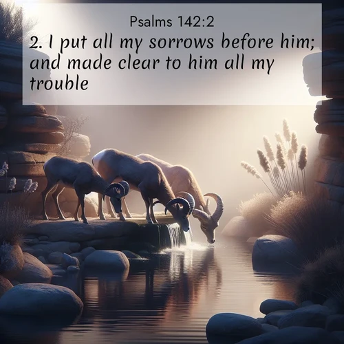 BasicEnglish Psalms  ; image nature: image with the bible verse :I put all my sorrows before him; and made clear to him all my trouble. ; Discover beautiful Bible verse images enriched with natural landscapes, from serene beaches to cascading waterfalls. All images are free and ready to download. Share verses such as KJV Psalms 142:2. Current verse is overlayed with the thematic nature scene : Desert bighorns drink from hidden springs. Time flows like water through stone. ; 142:2