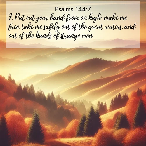 BasicEnglish Psalms  ; image nature: image with the bible verse :Put out your hand from on high; make me free, take me safely out of the great waters, and out of the hands of strange men; ; Dive into our collection of Bible verse images beautifully illustrated with beach photos, featuring gentle waves, sunsets over the sea, and sandy shores. These scenes evoke the peace and majesty of God. Download and share inspiring verses like KJV Psalms 144:7. Current verse is overlayed with the thematic nature scene : Autumn colors paint hillsides in warm earth tones. ; 144:7