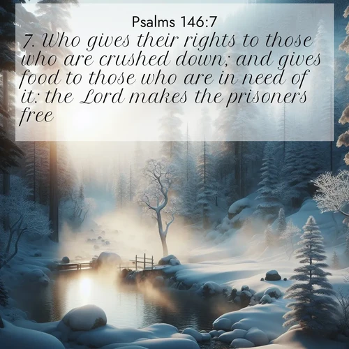 BasicEnglish Psalms  ; image nature: image with the bible verse :Who gives their rights to those who are crushed down; and gives food to those who are in need of it: the Lord makes the prisoners free; ; Admire Bible verse images capturing the beauty of beaches, with turquoise waters, palm trees, and peaceful shores. These soothing scenes reflect God&#039;s serenity and majesty. Download and share verses like KJV Psalms 146:7. Current verse is overlayed with the thematic nature scene : Morning mist rises from a hot spring in a snow-covered forest. ; 146:7