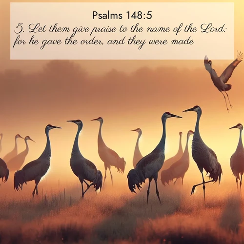 BasicEnglish Psalms  ; image nature: image with the bible verse :Let them give praise to the name of the Lord: for he gave the order, and they were made. ; Admire Bible verse images capturing the beauty of beaches, with turquoise waters, palm trees, and peaceful shores. These soothing scenes reflect God&#039;s serenity and majesty. Download and share verses like KJV Psalms 148:5. Current verse is overlayed with the thematic nature scene : Sandhill cranes dance in morning mist. Their calls echo across the marsh. ; 148:5