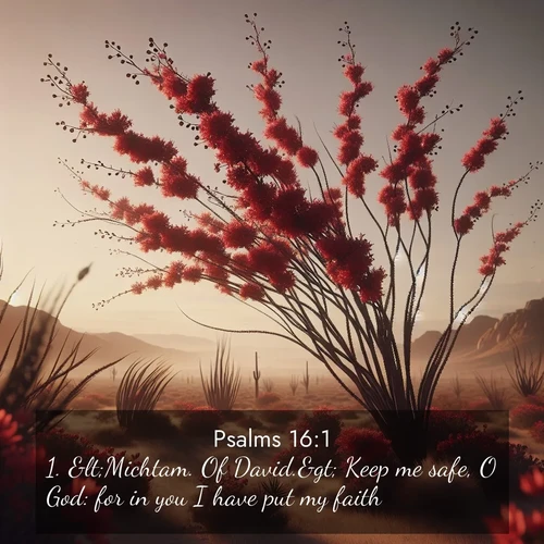 BasicEnglish Psalms  ; image nature: image with the bible verse :&amp;lt;Michtam. Of David.&amp;gt; Keep me safe, O God: for in you I have put my faith. ; Dive into our collection of Bible verses paired with coastal scenes, featuring calming waves, infinite beaches, and reflections of the sun on the water. These images evoke the peace and beauty of God. Share verses like KJV Psalms 16:1. Current verse is overlayed with the thematic nature scene : Desert ocotillo flames crimson red. Wind sings through thorny branches. ; 16:1