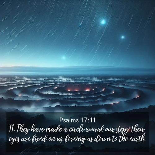 BasicEnglish Psalms  ; image nature: image with the bible verse :They have made a circle round our steps: their eyes are fixed on us, forcing us down to the earth; ; Discover a rich selection of Bible verse images illustrated by natural landscapes like tranquil beaches, golden fields, and majestic trees. These images aim to capture the peace and beauty of God&#039;s creation, with vibrant colors and varied typography. Download and share inspiring verses like KJV Psalms 17:11. Current verse is overlayed with the thematic nature scene : Volcanic steam rises through a field of black lava. Stars wheel overhead in the thin air. ; 17:11