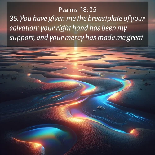 BasicEnglish Psalms  ; image nature: image with the bible verse :You have given me the breastplate of your salvation: your right hand has been my support, and your mercy has made me great. ; Download Bible verse images paired with breathtaking nature photos like golden deserts, shimmering seas, and blossoming orchards. These high-quality, free images are perfect for wallpapers or sharing. Verses include KJV Psalms 18:35. Current verse is overlayed with the thematic nature scene : Tidal pools reflect sunset colors at low tide. ; 18:35