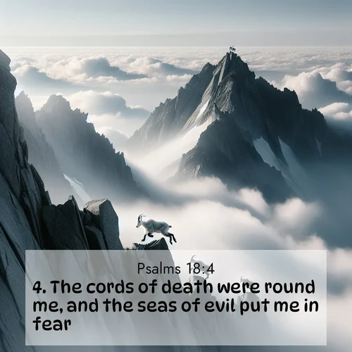 BasicEnglish Psalms  ; image nature: image with the bible verse :The cords of death were round me, and the seas of evil put me in fear. ; Discover our curated gallery of Bible verse images with breathtaking scenery, from tranquil deserts to lush green pastures. Perfect for phone wallpapers or sharing online. Download verses like KJV Psalms 18:4. Current verse is overlayed with the thematic nature scene : Mountain goats navigate impossible peaks. Clouds swirl beneath their sure feet. ; 18:4