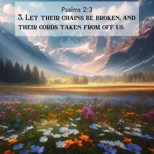 BasicEnglish Psalms  ; image nature: image with the bible verse :Let their chains be broken, and their cords taken from off us. ; Admire our gallery of Bible verse images paired with serene nature photography, featuring starlit skies, golden sands, and blooming wildflowers. Download and share verses like KJV Psalms 2:3. Current verse is overlayed with the thematic nature scene : Spring wildflowers carpet an alpine meadow beneath snow-capped peaks. ; 2:3