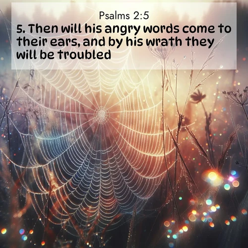 BasicEnglish Psalms  ; image nature: image with the bible verse :Then will his angry words come to their ears, and by his wrath they will be troubled: ; Browse our collection of vibrant Bible verse images set against calming backdrops like tropical shores, quiet woods, and majestic mountains. Download free wallpapers featuring KJV Psalms 2:5. Current verse is overlayed with the thematic nature scene : Morning fog reveals spider web galaxies. Dew drops catch rainbow light. ; 2:5