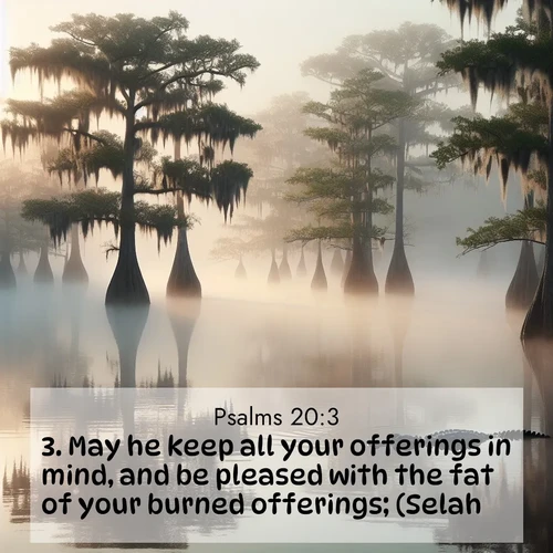 BasicEnglish Psalms  ; image nature: image with the bible verse :May he keep all your offerings in mind, and be pleased with the fat of your burned offerings; (Selah.) ; Discover Bible verse images capturing the warmth of summer, with beach landscapes, sunlit fields, and clear skies. These bright scenes reflect divine joy. Share verses like KJV Psalms 20:3. Current verse is overlayed with the thematic nature scene : Morning fog clings to gnarled cypress trees in the swamp. An alligator glides silently through the dark water. ; 20:3