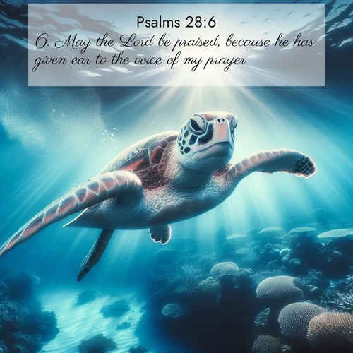 BasicEnglish Psalms  ; image nature: image with the bible verse :May the Lord be praised, because he has given ear to the voice of my prayer. ; Admire our gallery of Bible verse images showcasing divine beauty in nature—whether snowy peaks or serene oceans. Each image is freely downloadable and perfect for personal or spiritual use. Share verses like KJV Psalms 28:6. Current verse is overlayed with the thematic nature scene : A sea turtle glides through underwater sunbeams. Coral gardens glow in the depths below. ; 28:6