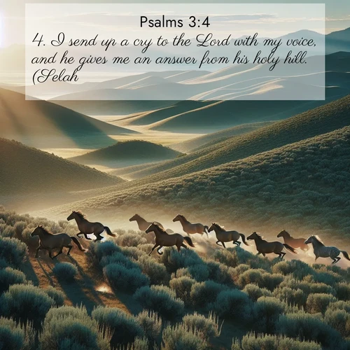 BasicEnglish Psalms  ; image nature: image with the bible verse :I send up a cry to the Lord with my voice, and he gives me an answer from his holy hill. (Selah.) ; Admire our gallery of Bible verse images paired with serene nature photography, featuring starlit skies, golden sands, and blooming wildflowers. Download and share verses like KJV Psalms 3:4. Current verse is overlayed with the thematic nature scene : Wild mustangs gallop across sage-covered hills in the morning light. ; 3:4