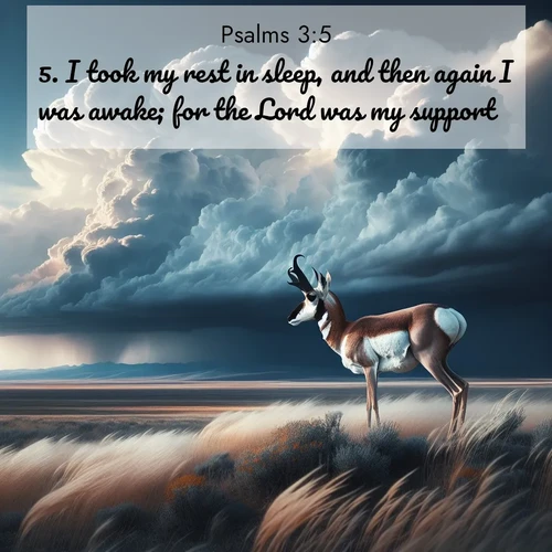 BasicEnglish Psalms  ; image nature: image with the bible verse :I took my rest in sleep, and then again I was awake; for the Lord was my support. ; Discover a rich selection of Bible verse images illustrated by natural landscapes like tranquil beaches, golden fields, and majestic trees. These images aim to capture the peace and beauty of God&#039;s creation, with vibrant colors and varied typography. Download and share inspiring verses like KJV Psalms 3:5. Current verse is overlayed with the thematic nature scene : A pronghorn pauses on wind-swept plains. Storm clouds build dark towers above. ; 3:5