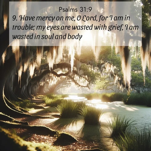BasicEnglish Psalms  ; image nature: image with the bible verse :Have mercy on me, O Lord, for I am in trouble; my eyes are wasted with grief, I am wasted in soul and body. ; Dive into a gallery of Bible verses illustrated by tropical beach scenes, featuring sparkling waves, seashells, and radiant sunrises. These images evoke divine peace and joy. Download and share inspiring verses like KJV Psalms 31:9. Current verse is overlayed with the thematic nature scene : Summer afternoon light filters through Spanish moss in a bayou. ; 31:9