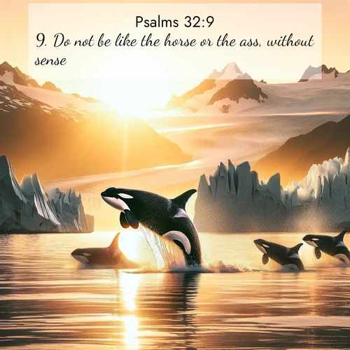 BasicEnglish Psalms  ; image nature: image with the bible verse :Do not be like the horse or the ass, without sense; ... ; Explore an exceptional collection of Bible verse images accompanied by photos of nature, showcasing snowy mountains, serene forests, and still lakes. These images feature luminous tones and varied fonts to bring serenity and inspiration. Share uplifting verses like KJV Psalms 32:9. Current verse is overlayed with the thematic nature scene : Wild orcas breach in sunset-painted waters. Their splashes echo off glacier walls. ; 32:9