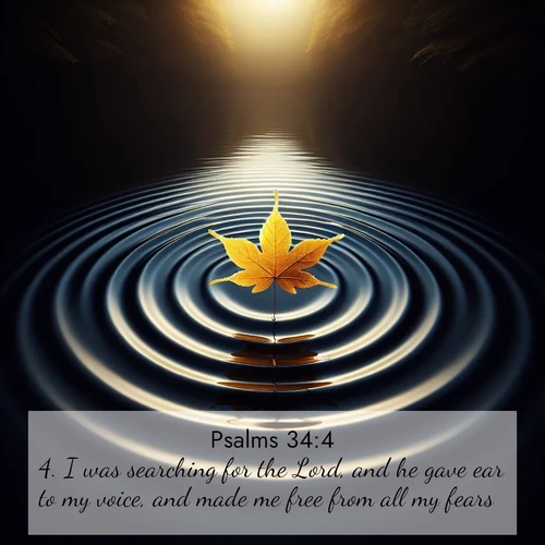BasicEnglish Psalms  ; image nature: image with the bible verse :I was searching for the Lord, and he gave ear to my voice, and made me free from all my fears. ; Explore a unique collection of Bible verses illustrated by winter landscapes, such as snowy mountains, frosty forests, and starry skies. These images capture the peace and beauty of winter. Share verses like KJV Psalms 34:4. Current verse is overlayed with the thematic nature scene : A single maple leaf floats on black water. Concentric ripples spread outward into infinity. ; 34:4