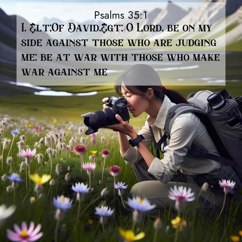 BasicEnglish Psalms  ; image nature: image with the bible verse :&amp;lt;Of David.&amp;gt; O Lord, be on my side against those who are judging me; be at war with those who make war against me. ; Browse our library of beautiful Bible verse images, perfect for wallpapers or sharing. Each verse is paired with serene natural landscapes like misty mountains, calming beaches, and colorful sunsets. Download and enjoy verses such as KJV Psalms 35:1. Current verse is overlayed with the thematic nature scene : A naturalist photographs rare blooms. Alpine winds toss wildflower meadows. ; 35:1