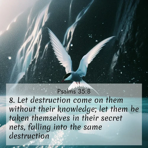 BasicEnglish Psalms  ; image nature: image with the bible verse :Let destruction come on them without their knowledge; let them be taken themselves in their secret nets, falling into the same destruction. ; Browse an inspiring gallery of Bible verse images with nature photos, such as blooming gardens, golden deserts, and shaded forests. The chosen images capture the peaceful and joyful essence of God&#039;s creation, with vibrant colors and harmonious fonts. Share verses like KJV Psalms 35:8. Current verse is overlayed with the thematic nature scene : Arctic terns dive through sea spray above turquoise glacial meltwater. Their white wings flash silver against obsidian cliffs. ; 35:8