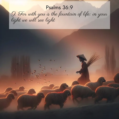 BasicEnglish Psalms  ; image nature: image with the bible verse :For with you is the fountain of life: in your light we will see light. ; Explore a gallery of beautiful Bible verse images with tranquil natural settings—perfect for phone backgrounds or inspirational posts. Download your favorite verses like KJV Psalms 36:9 today. Current verse is overlayed with the thematic nature scene : A shepherd guides his flock home. Sunset paints wool golden red. ; 36:9