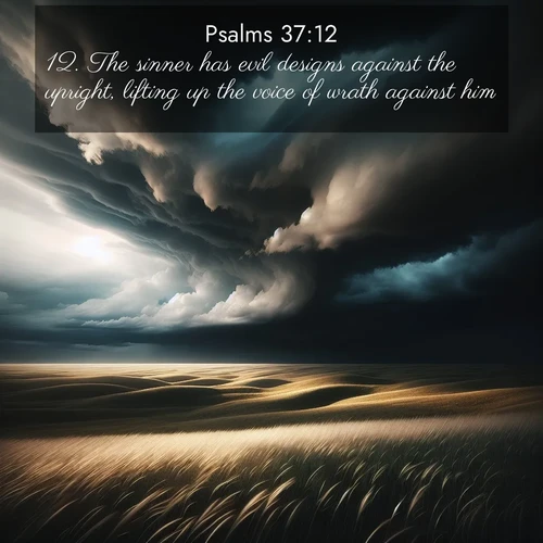 BasicEnglish Psalms  ; image nature: image with the bible verse :The sinner has evil designs against the upright, lifting up the voice of wrath against him. ; Explore an exceptional collection of Bible verse images accompanied by photos of nature, showcasing snowy mountains, serene forests, and still lakes. These images feature luminous tones and varied fonts to bring serenity and inspiration. Share uplifting verses like KJV Psalms 37:12. Current verse is overlayed with the thematic nature scene : Storm clouds gather over windswept grasslands, prairie grass rippling like waves beneath the darkening sky. ; 37:12