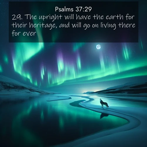 BasicEnglish Psalms  ; image nature: image with the bible verse :The upright will have the earth for their heritage, and will go on living there for ever. ; Explore an inspiring selection of Bible verse images adorned with nature photos, such as starry skies, verdant hills, and golden beaches. Each image reflects the peace and beauty of God&#039;s creation with vibrant colors and varied fonts. Share uplifting verses like KJV Psalms 37:29. Current verse is overlayed with the thematic nature scene : Northern lights dance across a frozen lake in ribbons of green and purple. A lone wolf howls from the distant shore. ; 37:29