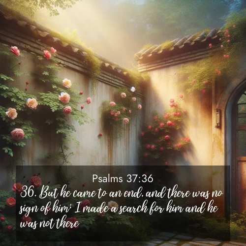 BasicEnglish Psalms  ; image nature: image with the bible verse :But he came to an end, and there was no sign of him; I made a search for him and he was not there. ; Download Bible verse images paired with breathtaking nature photos like golden deserts, shimmering seas, and blossoming orchards. These high-quality, free images are perfect for wallpapers or sharing. Verses include KJV Psalms 37:36. Current verse is overlayed with the thematic nature scene : Wild roses climb abandoned walls. Time stands still in secret gardens. ; 37:36