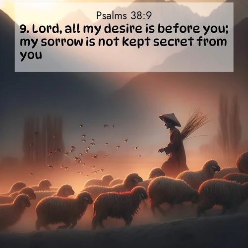 BasicEnglish Psalms  ; image nature: image with the bible verse :Lord, all my desire is before you; my sorrow is not kept secret from you. ; Discover Bible images adorned with spring landscapes, like tulip fields, cherry blossoms, and green hills. These bright scenes symbolize God&#039;s renewal and grace. Download verses like KJV Psalms 38:9. Current verse is overlayed with the thematic nature scene : A shepherd guides his flock home. Sunset paints wool golden red. ; 38:9