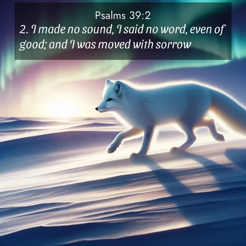 BasicEnglish Psalms  ; image nature: image with the bible verse :I made no sound, I said no word, even of good; and I was moved with sorrow. ; Download Bible verse images paired with breathtaking nature photos like golden deserts, shimmering seas, and blossoming orchards. These high-quality, free images are perfect for wallpapers or sharing. Verses include KJV Psalms 39:2. Current verse is overlayed with the thematic nature scene : An arctic fox hunts across windswept tundra. Northern lights paint its white coat in pastels. ; 39:2
