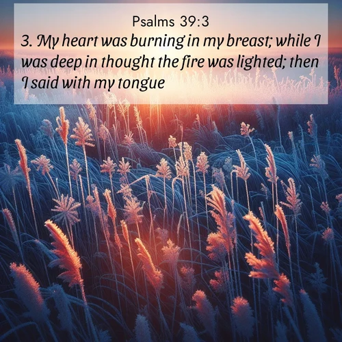 BasicEnglish Psalms  ; image nature: image with the bible verse :My heart was burning in my breast; while I was deep in thought the fire was lighted; then I said with my tongue, ; Explore Bible verses combined with serene beach photos, desert dunes, and infinite skies, highlighting God&#039;s majesty in every landscape. Download and share inspiring verses like KJV Psalms 39:3. Current verse is overlayed with the thematic nature scene : Winter sunrise illuminates frost-covered prairie grass. ; 39:3