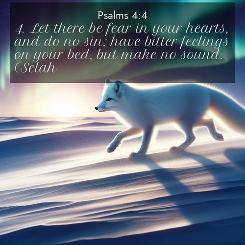 BasicEnglish Psalms  ; image nature: image with the bible verse :Let there be fear in your hearts, and do no sin; have bitter feelings on your bed, but make no sound. (Selah.) ; Explore a collection of free Bible verse images paired with serene landscapes like golden beaches, verdant forests, and clear blue skies. Each image is ideal for desktop or phone wallpapers. Share verses like KJV Psalms 4:4. Current verse is overlayed with the thematic nature scene : An arctic fox hunts across windswept tundra. Northern lights paint its white coat in pastels. ; 4:4