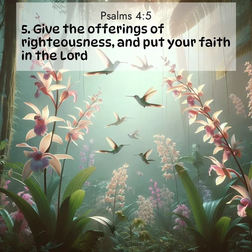 BasicEnglish Psalms  ; image nature: image with the bible verse :Give the offerings of righteousness, and put your faith in the Lord. ; Explore a gallery of beautiful Bible verse images with tranquil natural settings—perfect for phone backgrounds or inspirational posts. Download your favorite verses like KJV Psalms 4:5 today. Current verse is overlayed with the thematic nature scene : Wild orchids bloom in rainforest canopy. Hummingbirds dance between delicate petals. ; 4:5