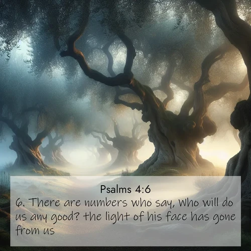 BasicEnglish Psalms  ; image nature: image with the bible verse :There are numbers who say, Who will do us any good? the light of his face has gone from us. ; Explore beautiful Bible verse images paired with serene natural settings, such as calm seas, snowy paths, and verdant hills. Each image is free to download for your spiritual inspiration. Share KJV Psalms 4:6. Current verse is overlayed with the thematic nature scene : Mist rolls through an ancient olive grove at dawn. Each gnarled trunk tells stories of centuries past. ; 4:6
