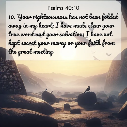 BasicEnglish Psalms  ; image nature: image with the bible verse :Your righteousness has not been folded away in my heart; I have made clear your true word and your salvation; I have not kept secret your mercy or your faith from the great meeting. ; Download stunning Bible verse images paired with nature scenes like rolling clouds, sparkling waters, and vibrant flower fields. These free images are perfect for spiritual reflection or wallpaper use. Share KJV Psalms 40:10. Current verse is overlayed with the thematic nature scene : Desert petroglyphs tell ancient stories. Ravens soar past wearing shadows for wings. ; 40:10