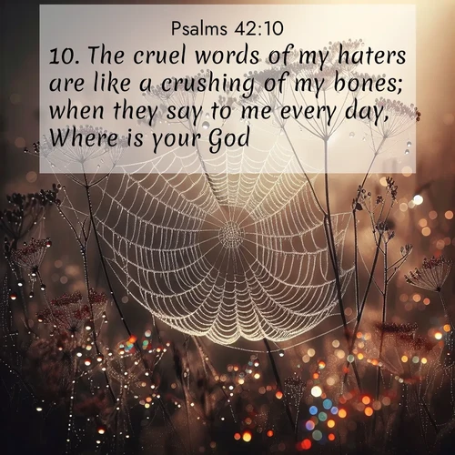 BBE Psalms 42:10 overlaying nature image scene: Morning fog reveals spider galaxies. Dew drops capture rainbow light.;10. The cruel words of my haters are like a crushing of my bones; when they say to me every day, Where is your God?