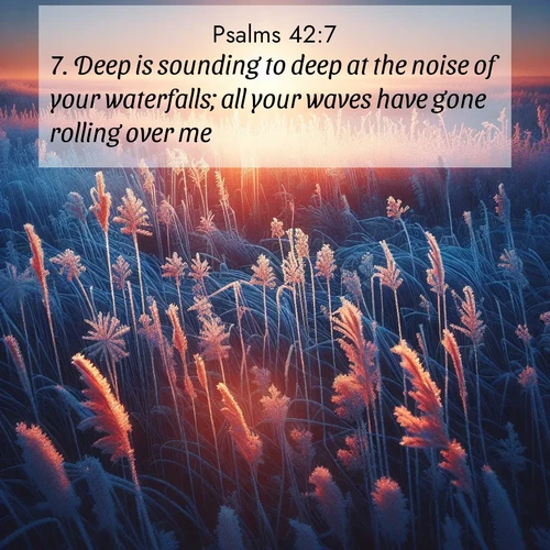 BBE Psalms 42:7 overlaying nature image scene: Winter sunrise illuminates frost-covered prairie grass.;7. Deep is sounding to deep at the noise of your waterfalls; all your waves have gone rolling over me.