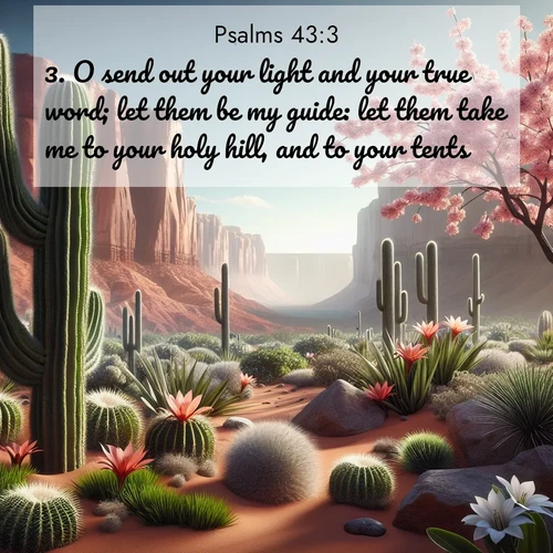BBE Psalms 43:3 overlaying nature image scene: Desert cacti burst with spring blooms against red sandstone formations.;3. O send out your light and your true word; let them be my guide: let them take me to your holy hill, and to your tents.