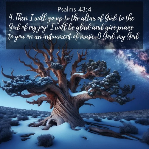 BBE Psalms 43:4 overlaying nature image scene: Ancient bristlecone pine twists against a navy twilight sky, its gnarled branches laden with fresh snow. The Milky Way arcs overhead in crystalline clarity.;4. Then I will go up to the altar of God, to the God of my joy; I will be glad and give praise to you on an instrument of music, O God, my God.