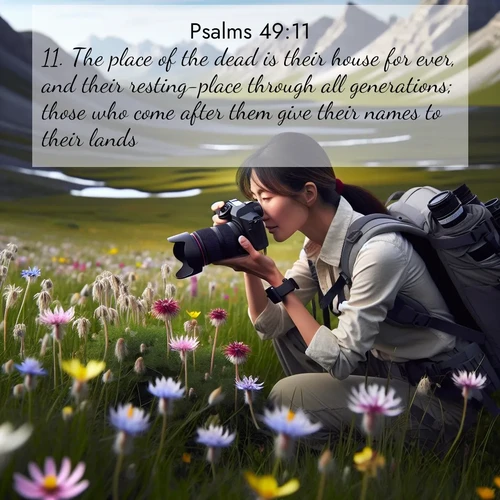 BasicEnglish Psalms  ; image nature: image with the bible verse :The place of the dead is their house for ever, and their resting-place through all generations; those who come after them give their names to their lands. ; Admire our gallery of Bible verse images paired with serene nature photography, featuring starlit skies, golden sands, and blooming wildflowers. Download and share verses like KJV Psalms 49:11. Current verse is overlayed with the thematic nature scene : A naturalist photographs rare blooms. Alpine winds toss wildflower meadows. ; 49:11