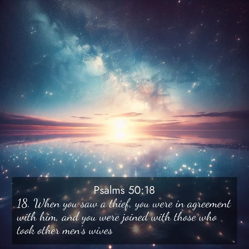 BasicEnglish Psalms  ; image nature: image with the bible verse :When you saw a thief, you were in agreement with him, and you were joined with those who took other men&#039;s wives. ; Discover beautiful Bible verse images that combine inspiring scripture with captivating nature photos. Download high-quality images featuring lush valleys, peaceful streams, and endless horizons like KJV Psalms 50:18. Current verse is overlayed with the thematic nature scene : Stars reflect perfectly in the salt flats after rainfall. The horizon disappears in the mirror-like expanse. ; 50:18